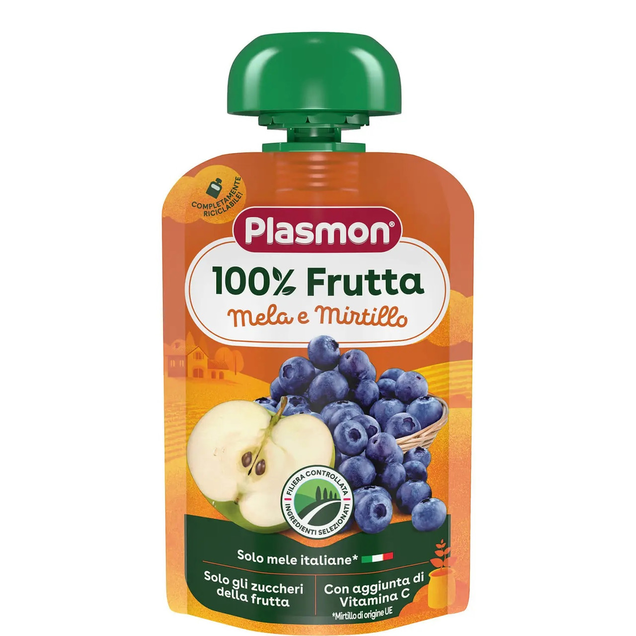 Пюре пауч з яблук та лохини з вітаміном С Plasmon 100г