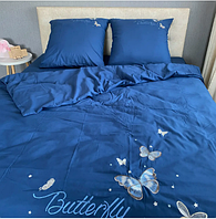 Сатиновое постельное белье на кровать двуспального размера синего цвета