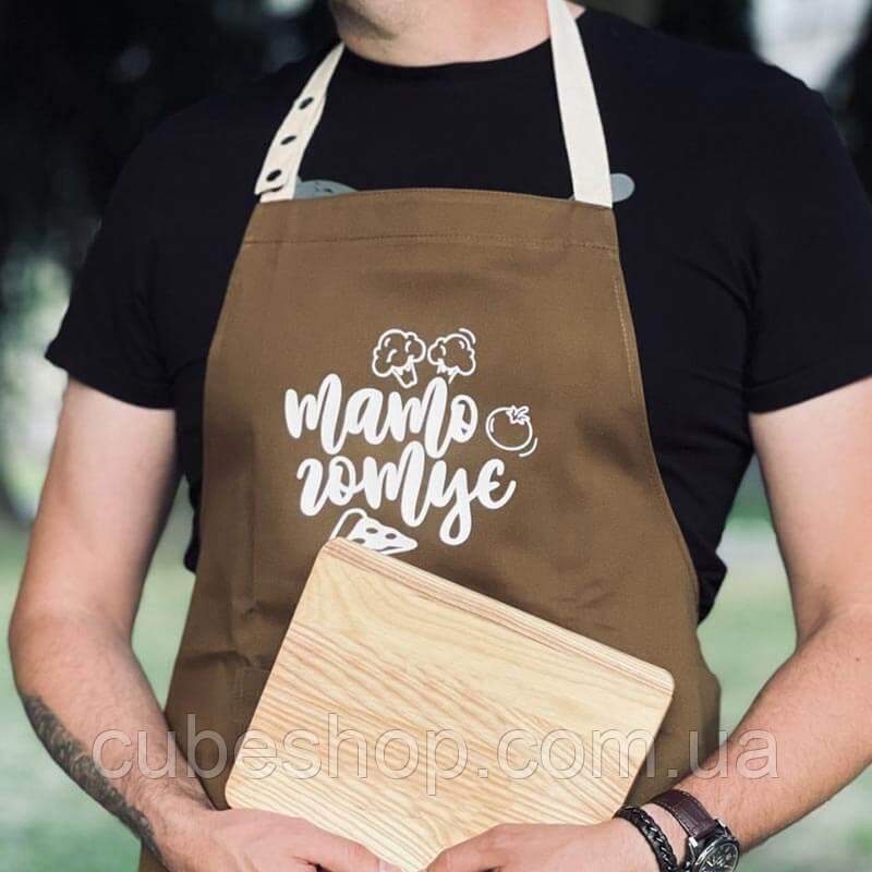 Чоловічий фартух для тата з кишенею та з прикольним написом "Тато готує" хакі