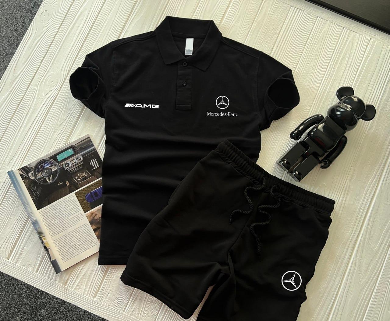 Чоловічий літній костюм Шорти + Футболка Поло Mercedes AMG чорний комплект на літо Мерседес
