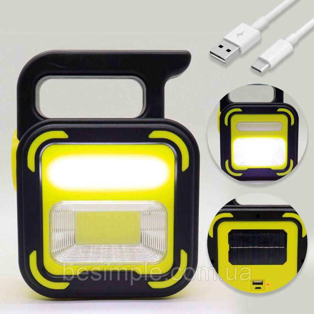 Ручний ліхтар USB із сонячною панеллю та повербанком, 1200мАг, COB+LED, JD-925, Жовтий/ Аварійний світильник