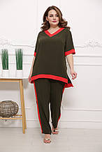 Стильний жіночий костюм Сольєр хакі з червоною обробкою (46-64)