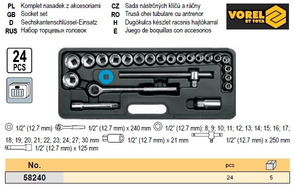 Набор голова торцева 1/2" інструмент 24 шт VOREL-58240