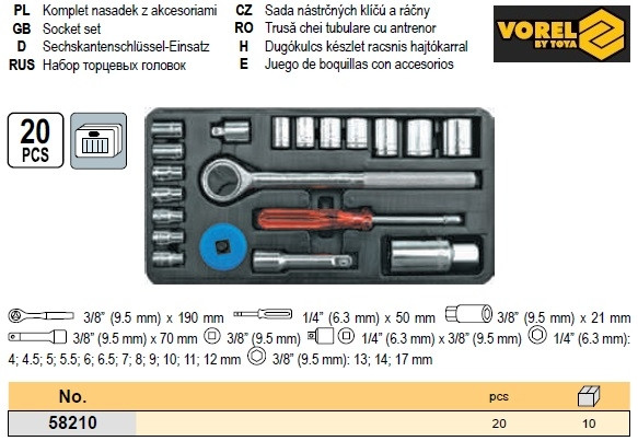 Набір головка торцеві 1/4" і 3/8" інструменти 20 шт VOREL-58210