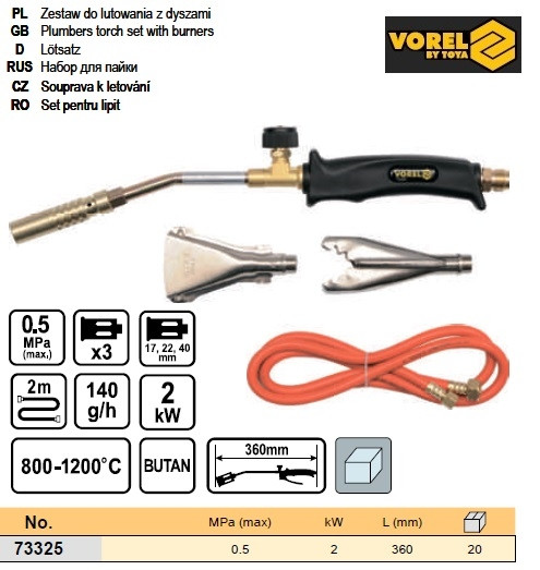 Паяльник газовий L=360мм 3 наконечники шланг L=2m 0,5 МРа VOREL-73325