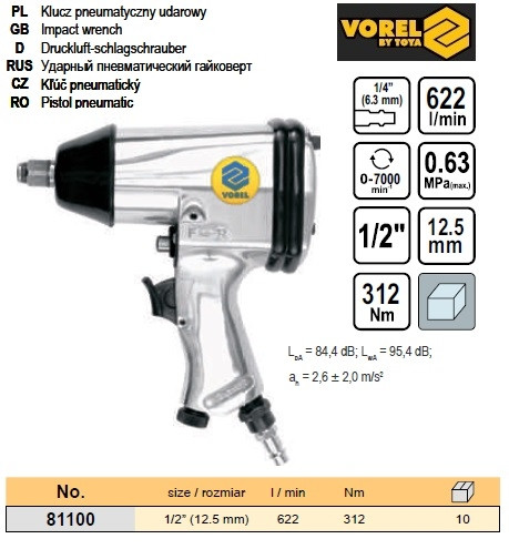 Гайковерт пневматичний Польща 1/2" 310Nm VOREL-81100