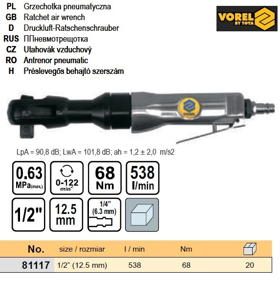 Ключ гайковий пневмо тріщатка 1/2" VOREL-81117