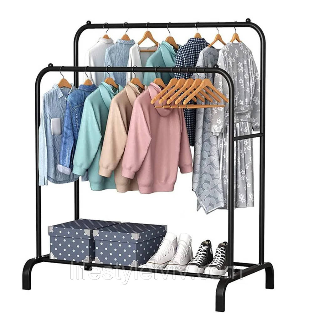 Подвійна стійка вішалка 110х54 см для одягу і полицею для взуття Double floor Hanger / Подвійна Підлогова Вішалка