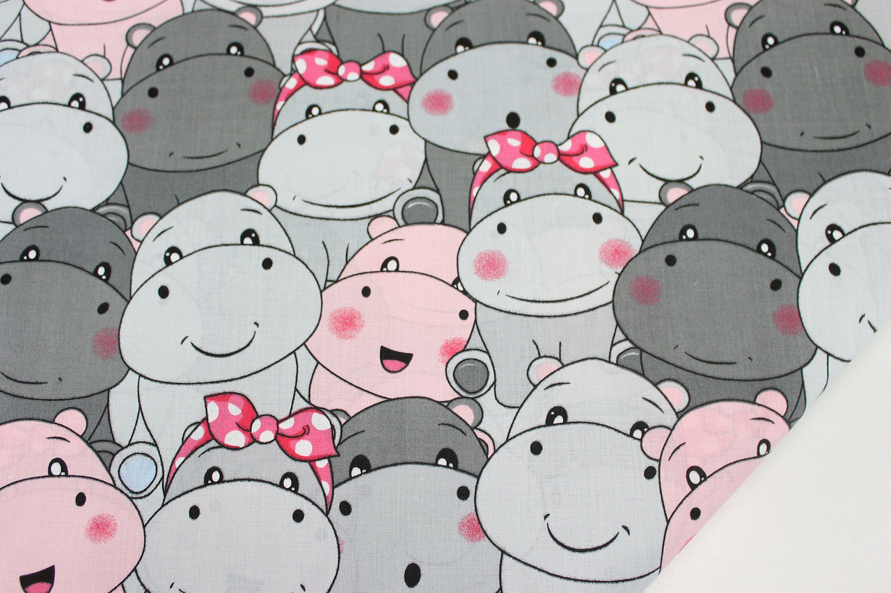 Бавовняна тканина "Більні бегемоти" сіро-рожеві No1868, фото 1