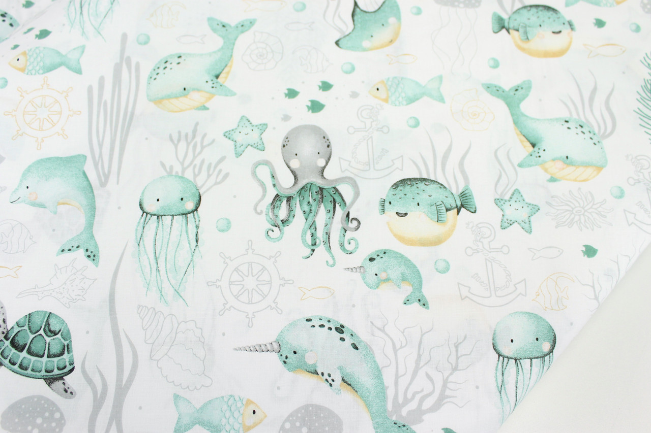 Тканина бязь "Морський світ" м'ятна на білому тлі № 1976, фото 1