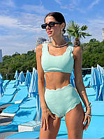 Купальник жіночий роздільний м'ятний із високою талією для плавання стильний модний пляжний