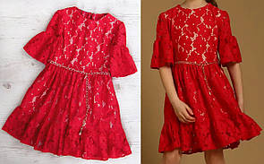 Красиве гіпюрове плаття для дівчинки. Святкове літнє плаття для дівчинки. Червона нарядна сукня для дівчинки.