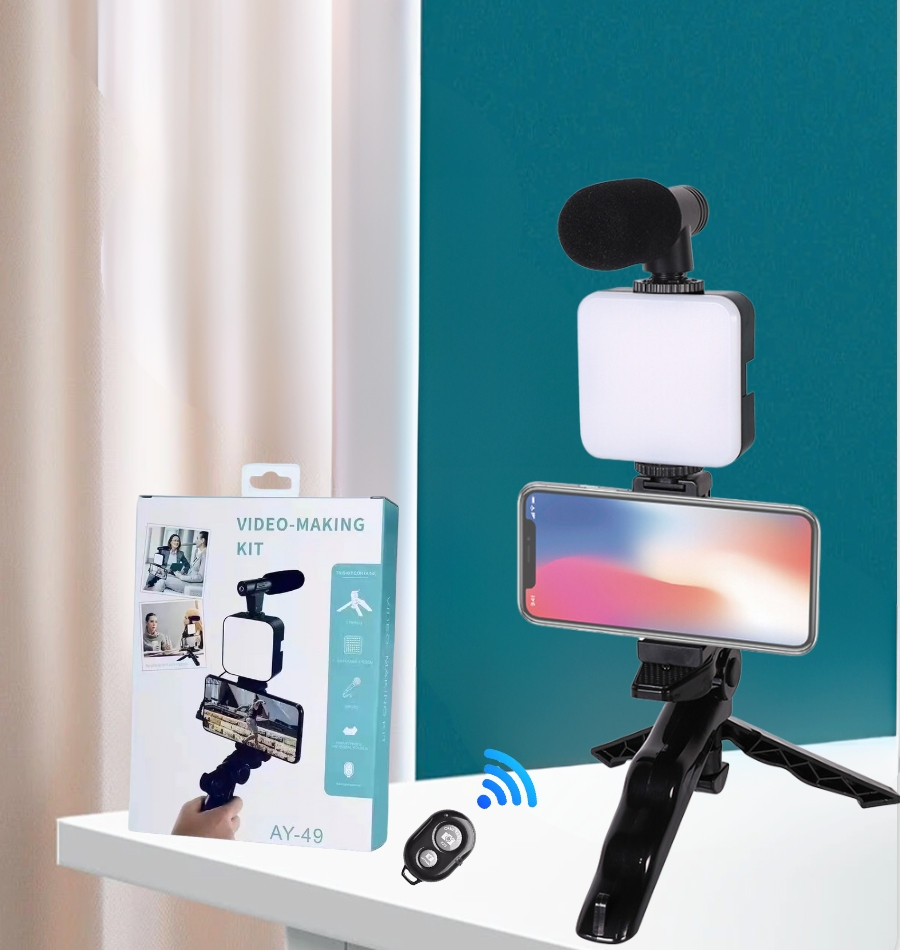 Штатив для фото та відеозйомки AY49 Набір блогера Портативна тринога для телефону з мікрофоном спалахом, фото 1
