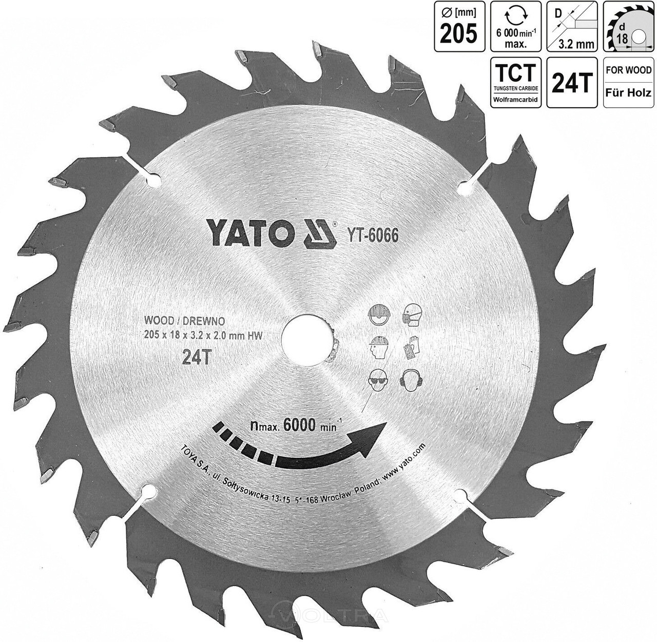 Диск Для Циркулярки по Дереву Ø 205 х 18 х 3.2 мм, 24 зуби YATO (YT-6066)