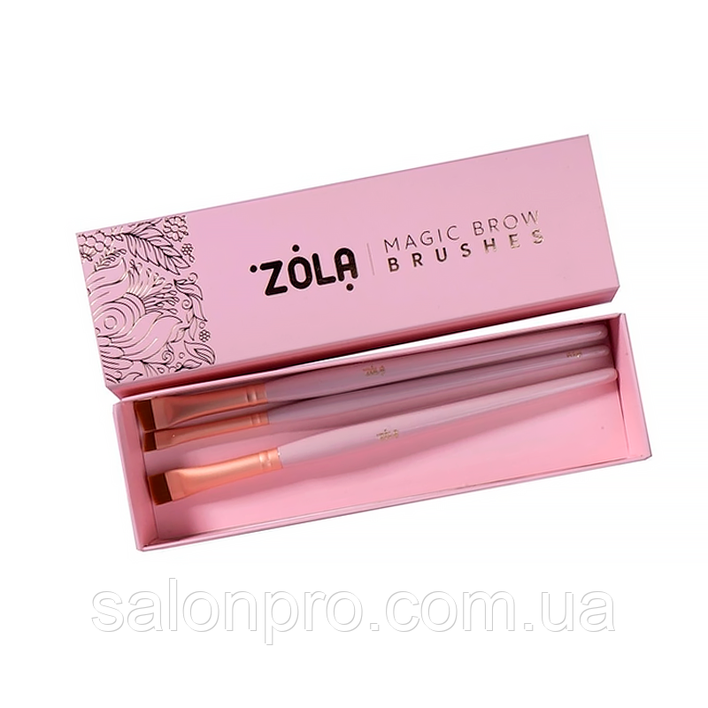 ZOLA Magic Brow Brushes — набір пензлів світло-рожевий для фарбування брів професійний, 3 шт.