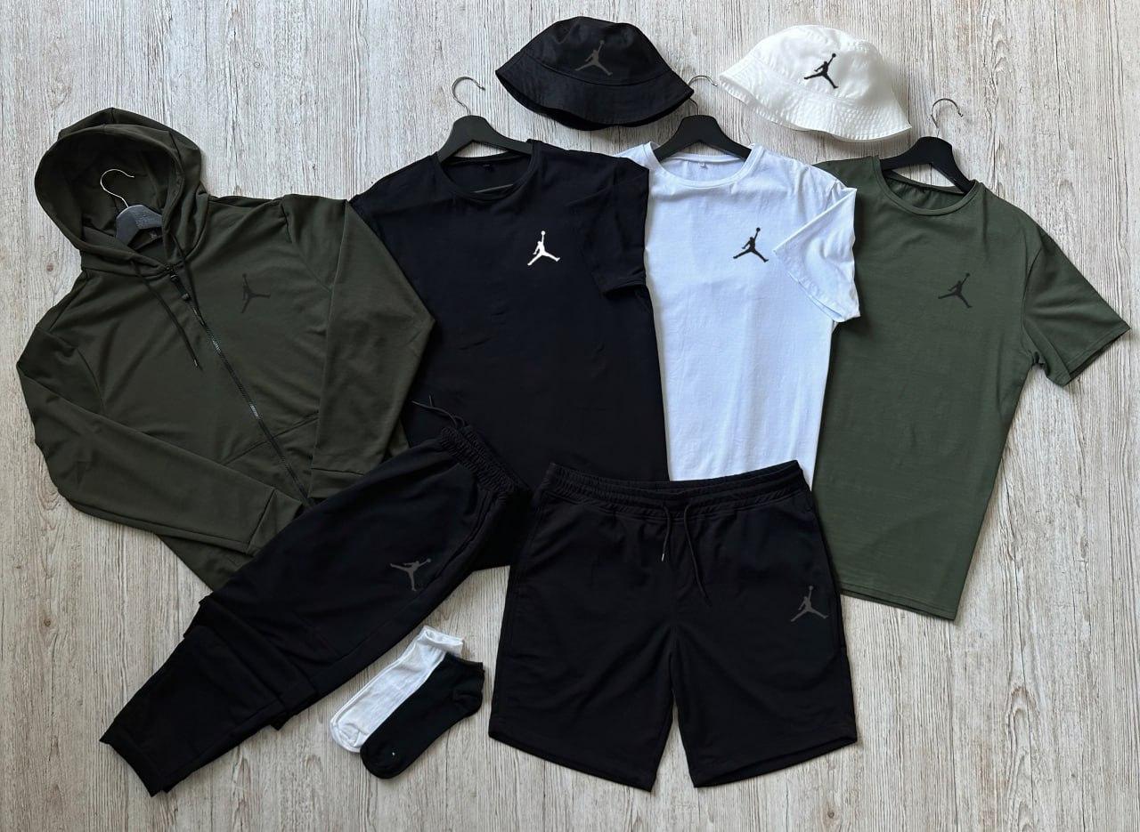 Чоловічий спортивний костюм Jordan 6в1 Костюм + Шорти + Футболка + Панамка + Шкарпетки Джордан хакі, фото 1