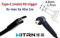 Переходник на 9v (max 5a, 45w) 4.0x1.7mm 1m з USB Type-C (male) Power Delivery PD (WITRN) тригер (A class) 1