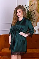 Гарний шовковий жіночий комплект пеньюар нічна сорочка та халат із мереживом зелений 48 50 52 54 56