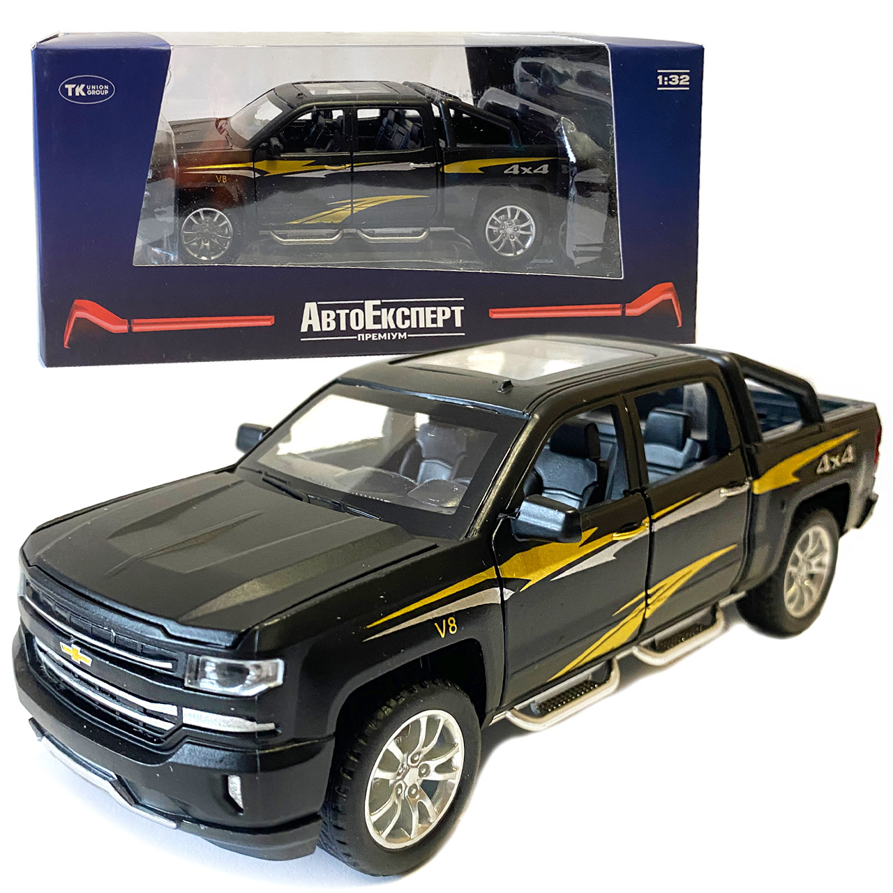 Машинка металева дитяча Chevrolet V8 Шевроле, чорний, Автоексперт, 1:32, світло, інерція, відкриваються двері, багажник, капот,