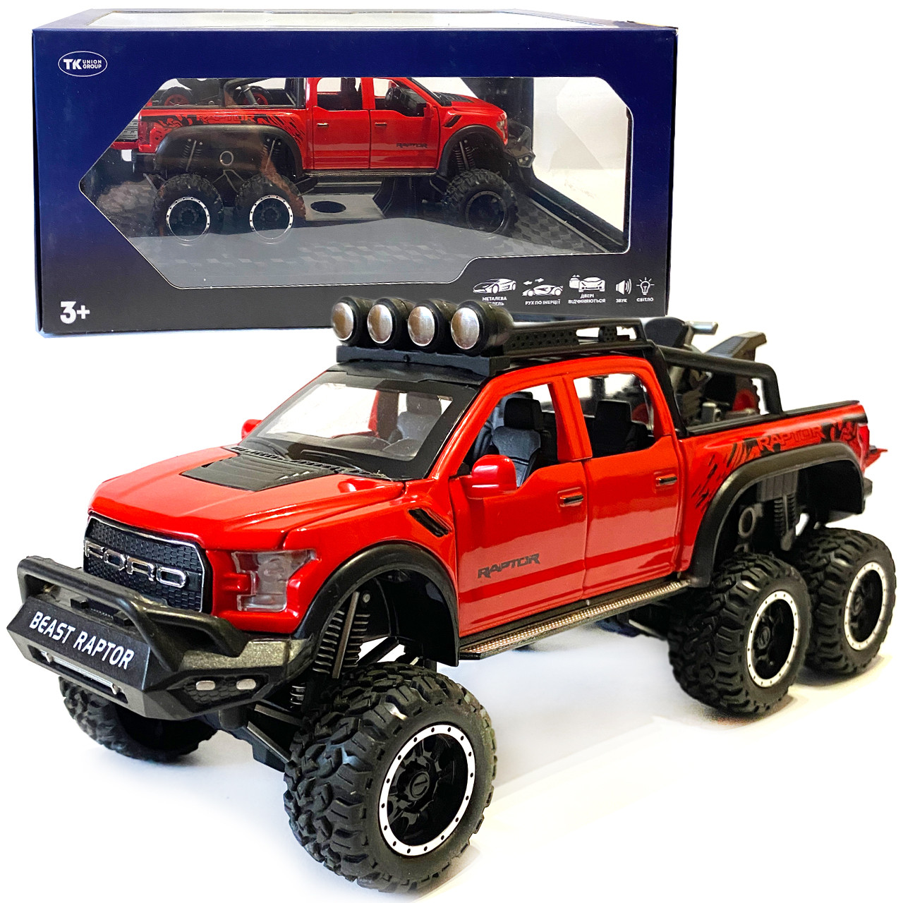 Машинка металева дитяча Ford Raptor з мотоциклом позашляховик, червоний, Автоексперт, 1:24, світло, інерція, відкриваються двері,, фото 1