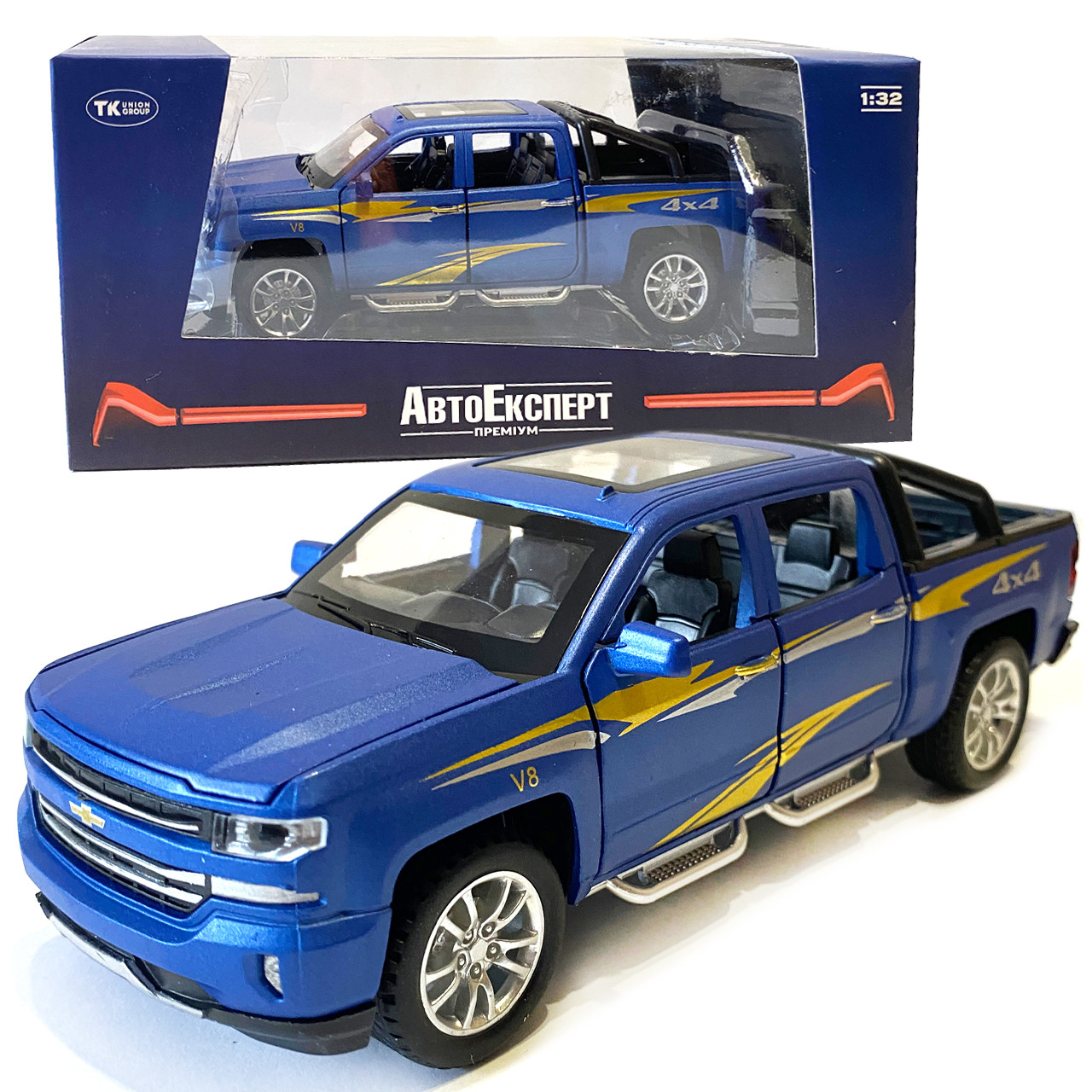 Машинка металева дитяча Chevrolet V8 Шевроле, синій, Автоексперт, 1:32, світло, інерція, відкриваються двері, багажник, капот,, фото 1