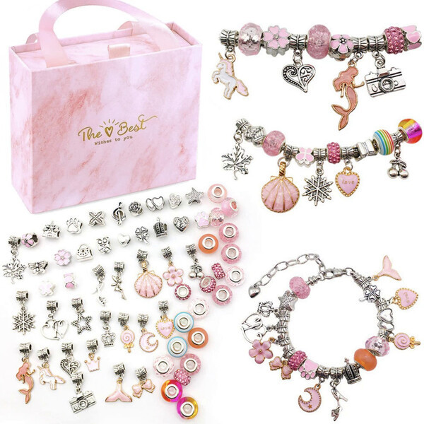 Набір для створення прикрас шарм браслетів та підвісок з намистин у подарунковій коробці Рожевий (60103)