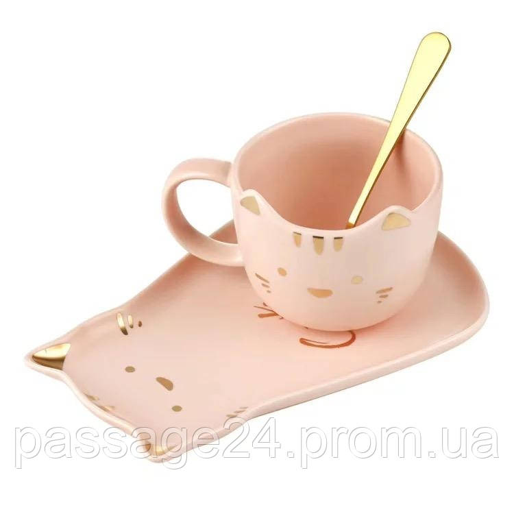 Набір чашка блюдце ложка Котик (рожевий)