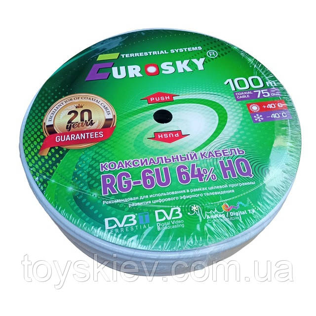 Коаксіальний кабель EUROSKY RG-6U 64% 100 м 75Ohm, / білий / антенний/ телевізійний