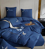 Сатиновое постельное белье евро размер Комплект постельного белья сатин синий с вышивкой от Crown