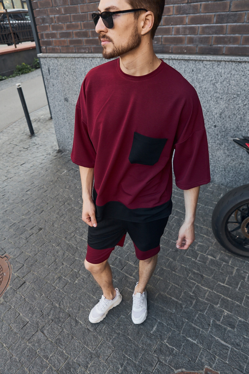 Чоловічий модний стильний комплект-двійка на хлопця спортивний костюм 2в1 чоловіча футболка шорти оверсайз бордо