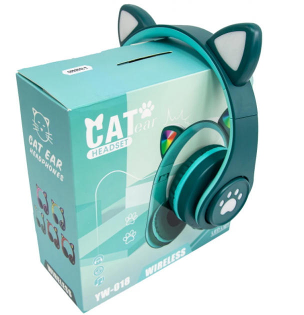 Бездротові дитячі навушники CAT EAR YW-018 з котячими вушками з підсвічуванням MP3 MicroSD FM-радіо зелений
