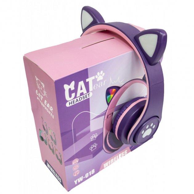 Бездротові дитячі навушники CAT EAR YW-018 з котячими вушками з підсвічуванням MP3 MicroSD FM-радіо бузковий