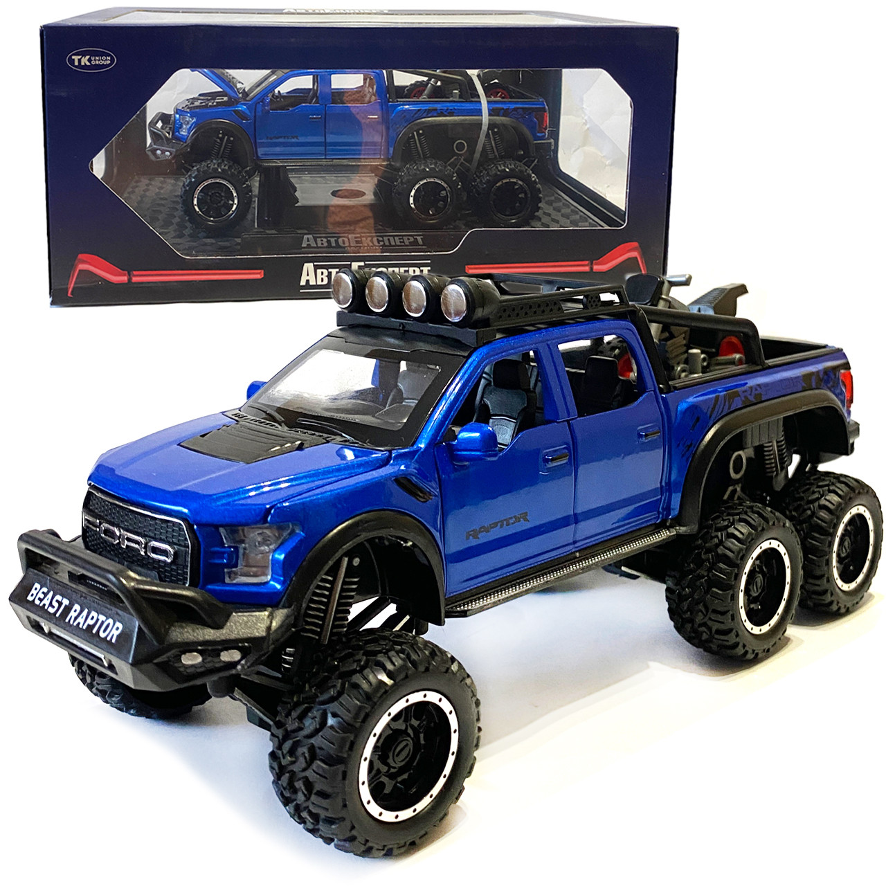 Машинка металева дитяча Ford Raptor з мотоциклом позашляховик, синій, Автоексперт, 1:24, світло, інерція, відкриваються двері,, фото 1