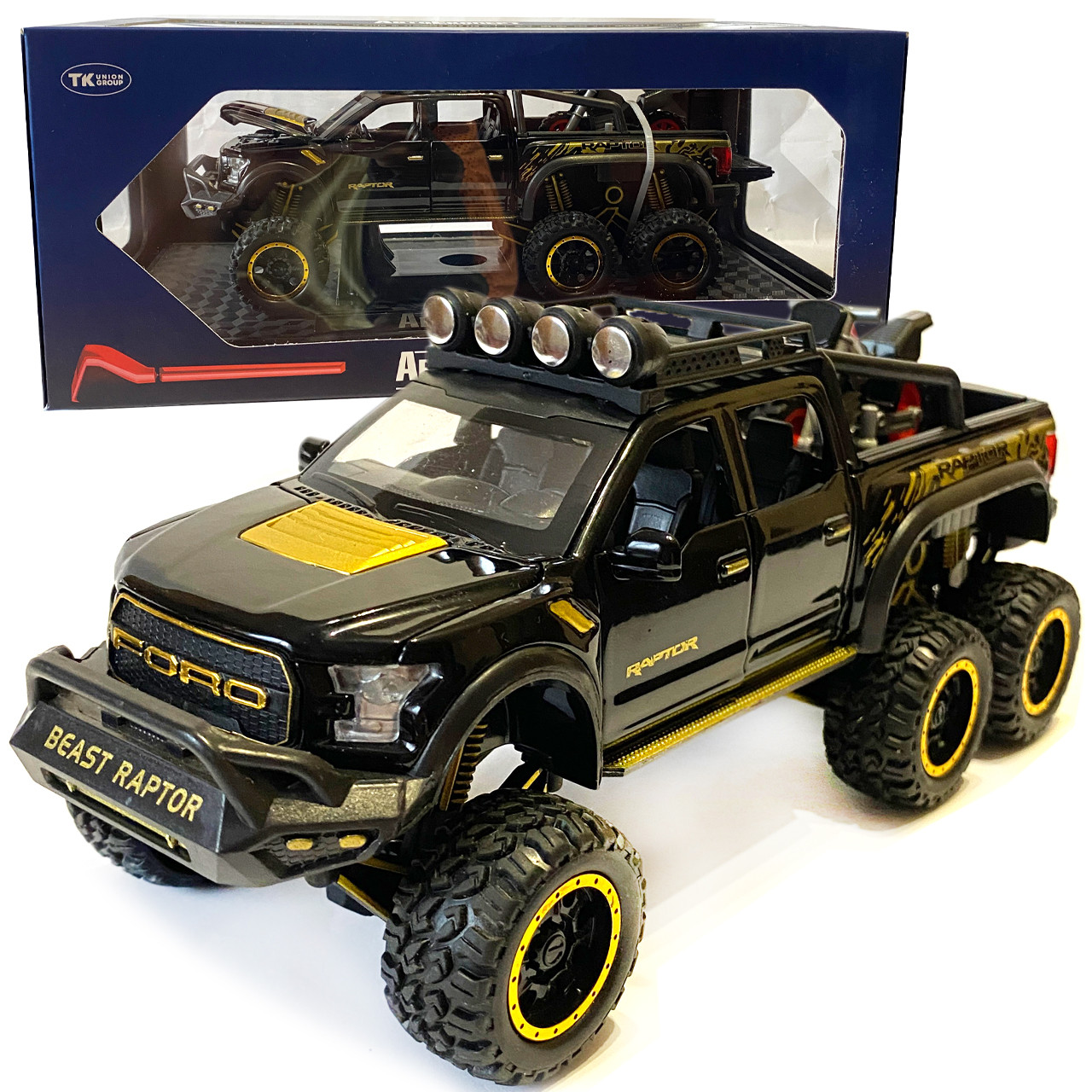 Машинка металева дитяча Ford Raptor з мотоциклом позашляховик, чорна, Автоексперт, 1:24, світло, інерція, відкриваються двері,, фото 1