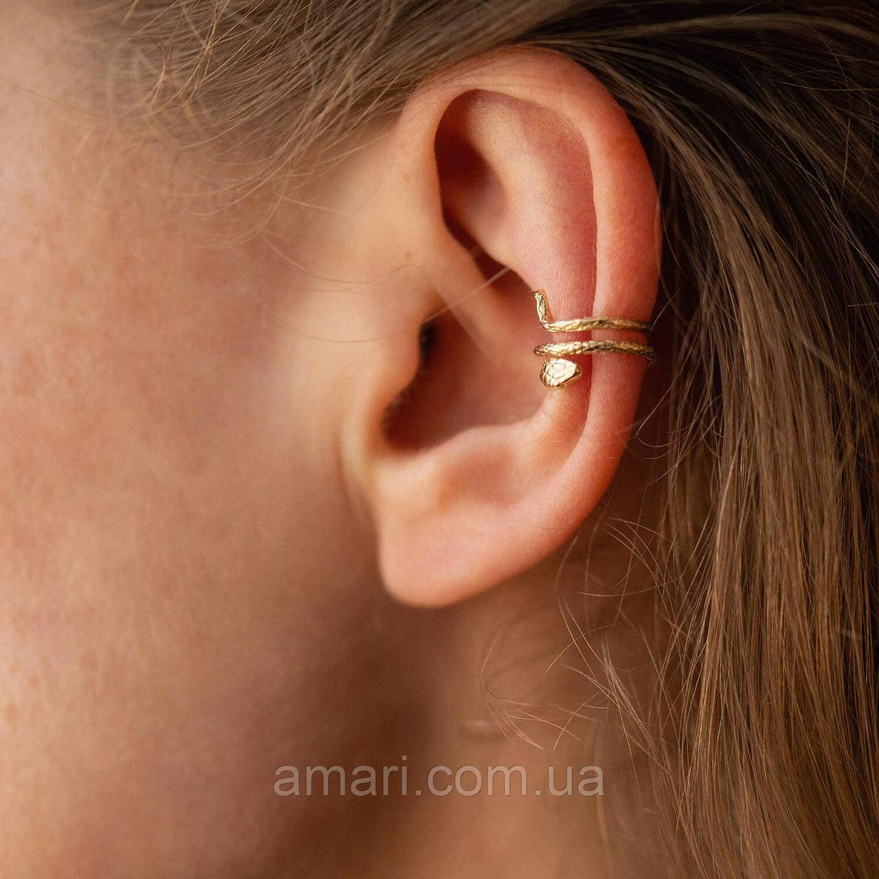 Сережки — кафа "Змія" в жовтому золоті с08494, фото 1