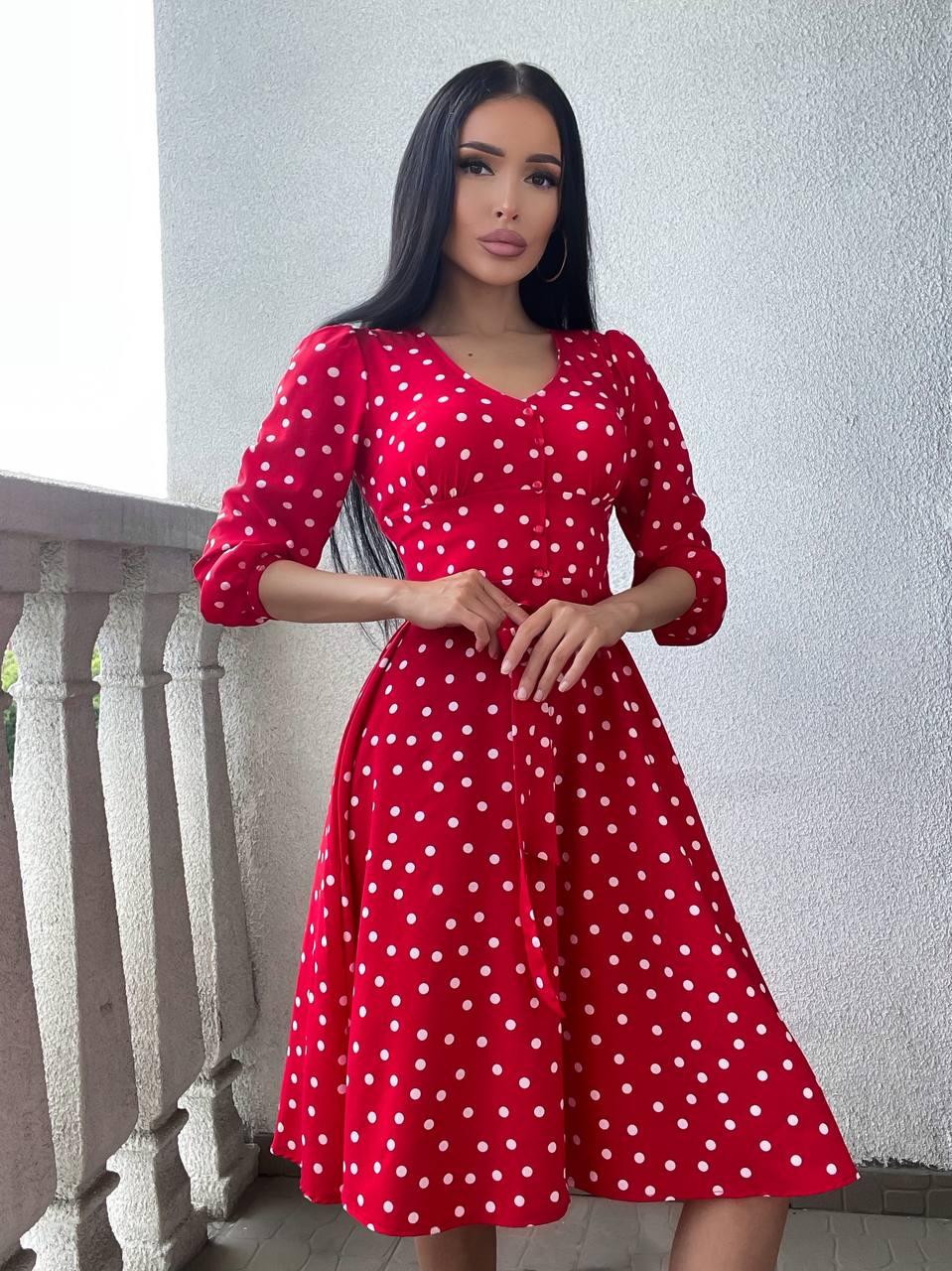 Легка жіноча сукня міді в горошок із софту Sms8407
