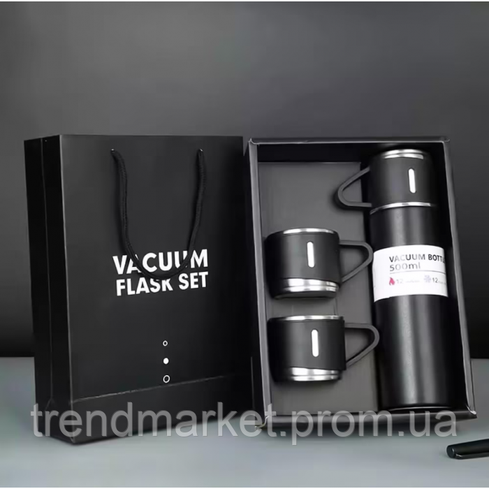 Подарунковий набір Vacuum Flask SET вакуумний термос із неіржавкої сталі 3 чашки Чорний