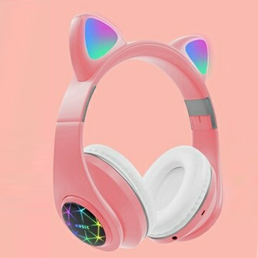 Навушники котячими вушками дитяча гарнітура з підтримкою Bluetooth microSD рожева з підсвіткою БЕЗ паковання