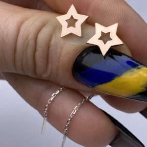 Срібні сережки-протяжки одинарні з золотими накладками без каменів у формі зірочок (6 см) РН-022