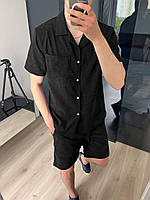 Мужской летний костюм Рубашка и Шорты вельветовый черный (Bon)