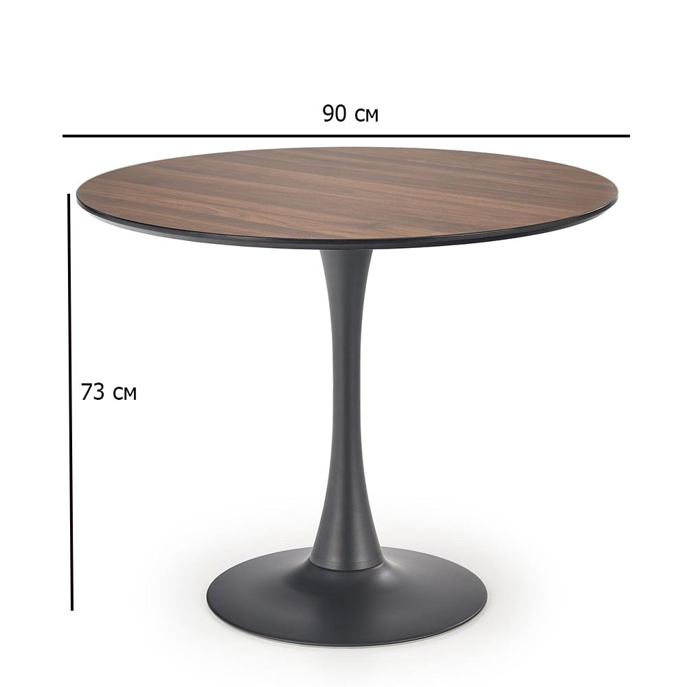 Круглий стіл у стилі лофт кольору горіх Olmo 90 см на чорній металевій ніжці для невеликої кухні, фото 1