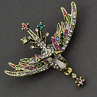 Брошка металева на золотистій основі пташка з різнобарвними кристалами з висувкою розмір 40х50 мм