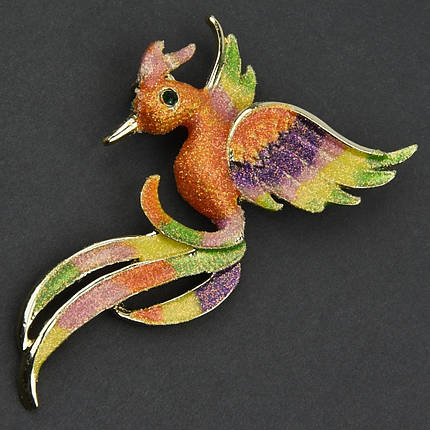 Брошка металева на золотистій основі пташка різнобарвна з блискітками покрита емаллю розмір 65х40 мм, фото 1