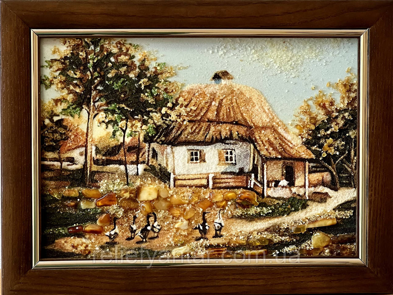 Картина з янтаря Украинское село, картина з бурштина Українське село 20*30 см