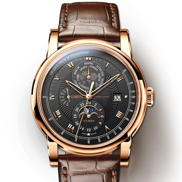 Елітний чоловічий годинник бренда Lobinni Business Black Система День-Ніч, Оригінальний годинник Сапфірове скло