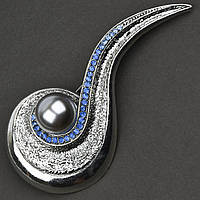 Брошь металлическая на серебристой основе классическая с белыми и голубыми стразами и бусиной размер 70х40 мм