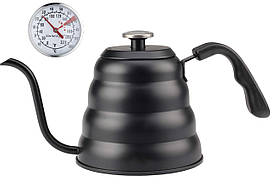 Чайник із термометром 1.2 л Чорний Глянець Pour Over Coffee Pot для кави з тонким носиком