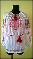 Вишиванка жіноча "Талісман" на білому шифоні, блуза вишита в червоних тонах, машинна вишивка