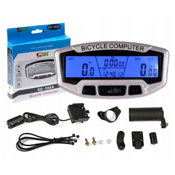 Велокомп'ютер, одометр, спідометр, 28 функцій, Sunding SD-558A дротовий з підсвіткою, фото 1
