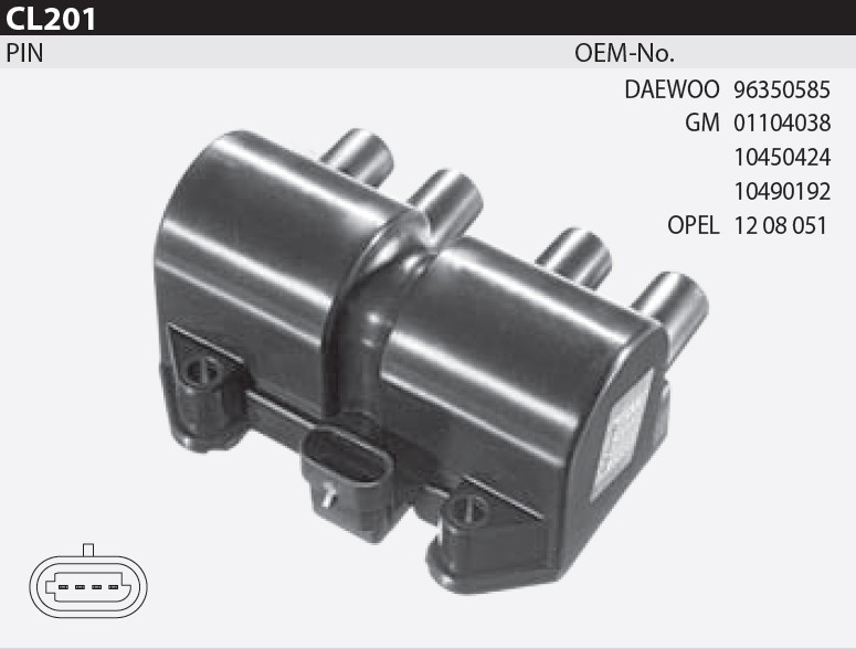 Котушка запалювання Tesla CL 201 для DAEWOO Lanos 1,5, 1,4, 1,6 16V, Leganza (KLAV), Nexia Sedan, Nubira 1,6 16V, 2,0, OPEL